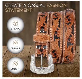 Embossed Leather Belt w/ Vintage Silver Buckle