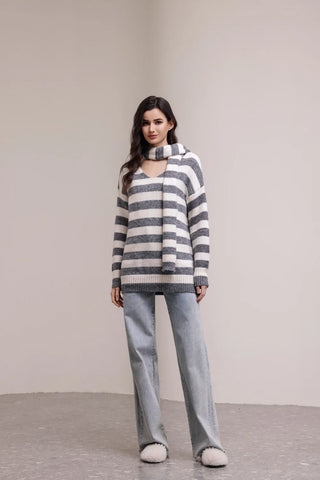 Grey/Milk Stripe Knit Sweater & Scarf I Mama's