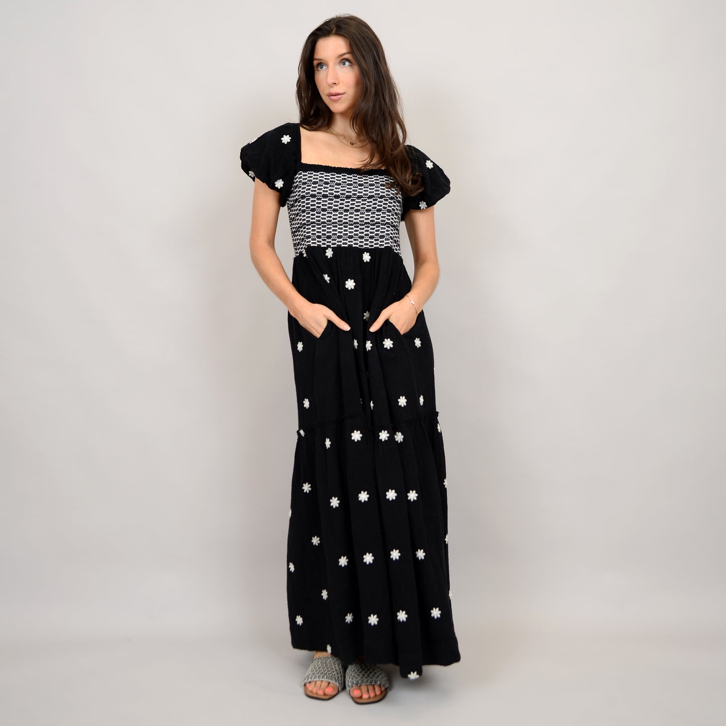 Francesca Shirred Dress w/ Embroidery I RD Style