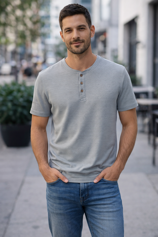 Ribbed Henley Tee - Dusty Blue
