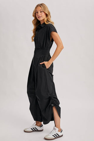 Button Down Utility Jumpsuit - Black & Olive