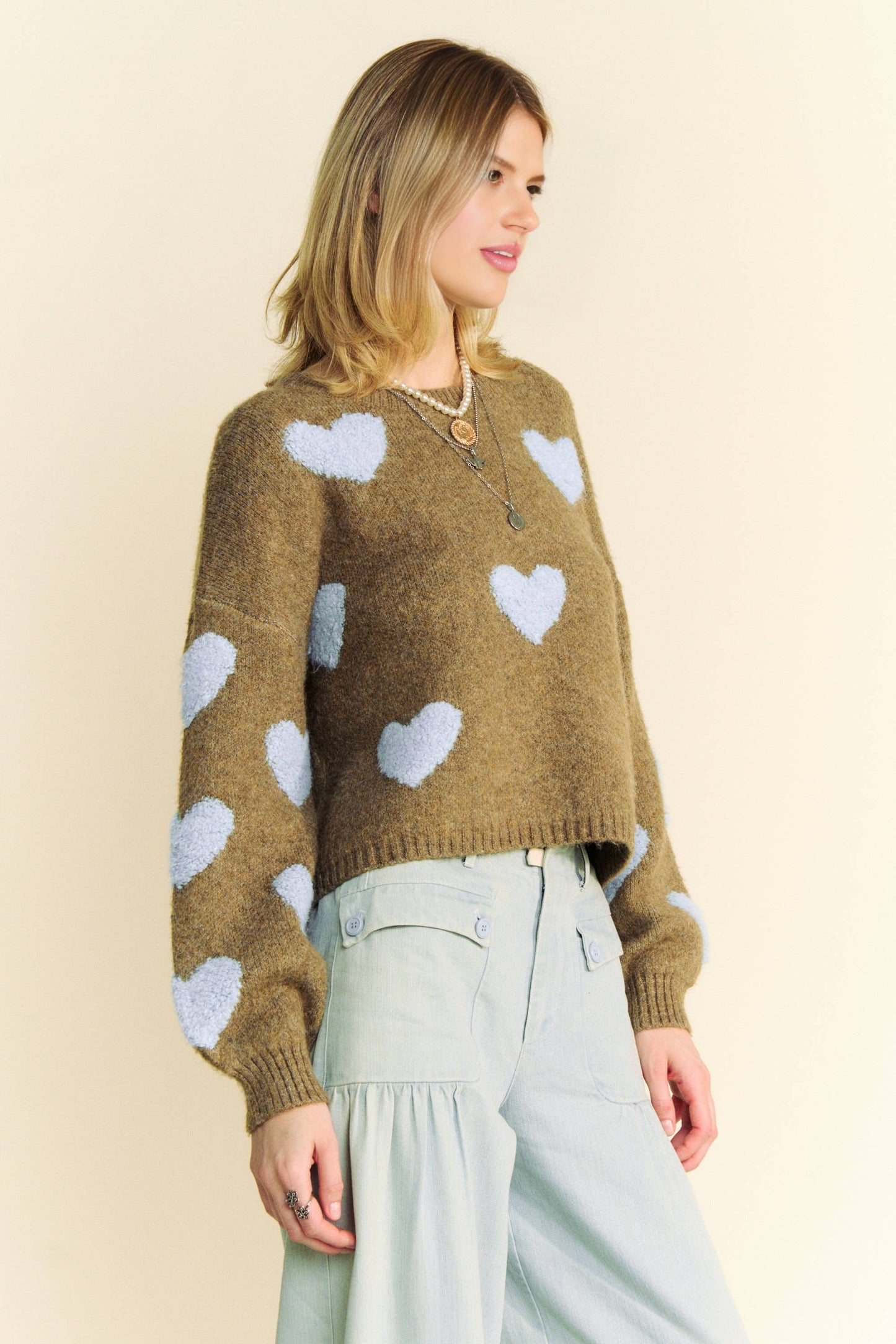 Davi & Dani Heart Pattern Long Sleeve Loose Fit Knit Sweater