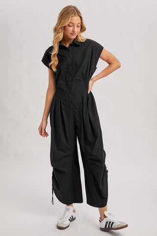 Button Down Utility Jumpsuit - Black & Olive