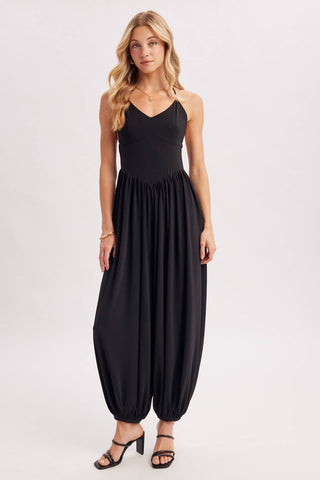 V-Neck Open Back Relaxed Fit Jumpsuit - Black & Mocha