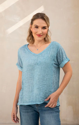 Breezy V-Neck Linen Tee I Orange Fashion Village