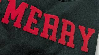 MERRY Crewneck Sweater with Puff Accent: Forest Green