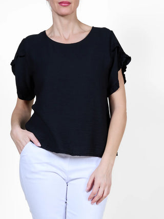 Black Short Sleeve Top with Ruffled Sleeves I Angela Mara