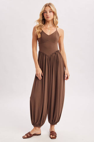 V-Neck Open Back Relaxed Fit Jumpsuit - Black & Mocha