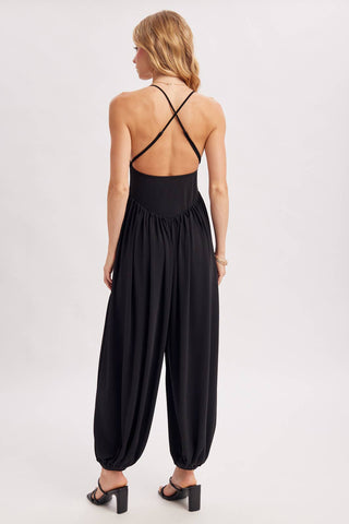 V-Neck Open Back Relaxed Fit Jumpsuit - Black & Mocha
