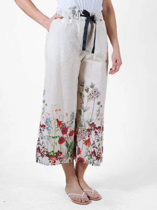 Ivory Cropped Wide Leg Pants with Floral Print I Angela Mara