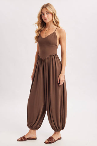 V-Neck Open Back Relaxed Fit Jumpsuit - Black & Mocha