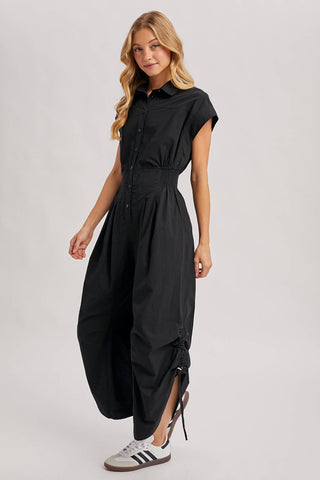 Button Down Utility Jumpsuit - Black & Olive