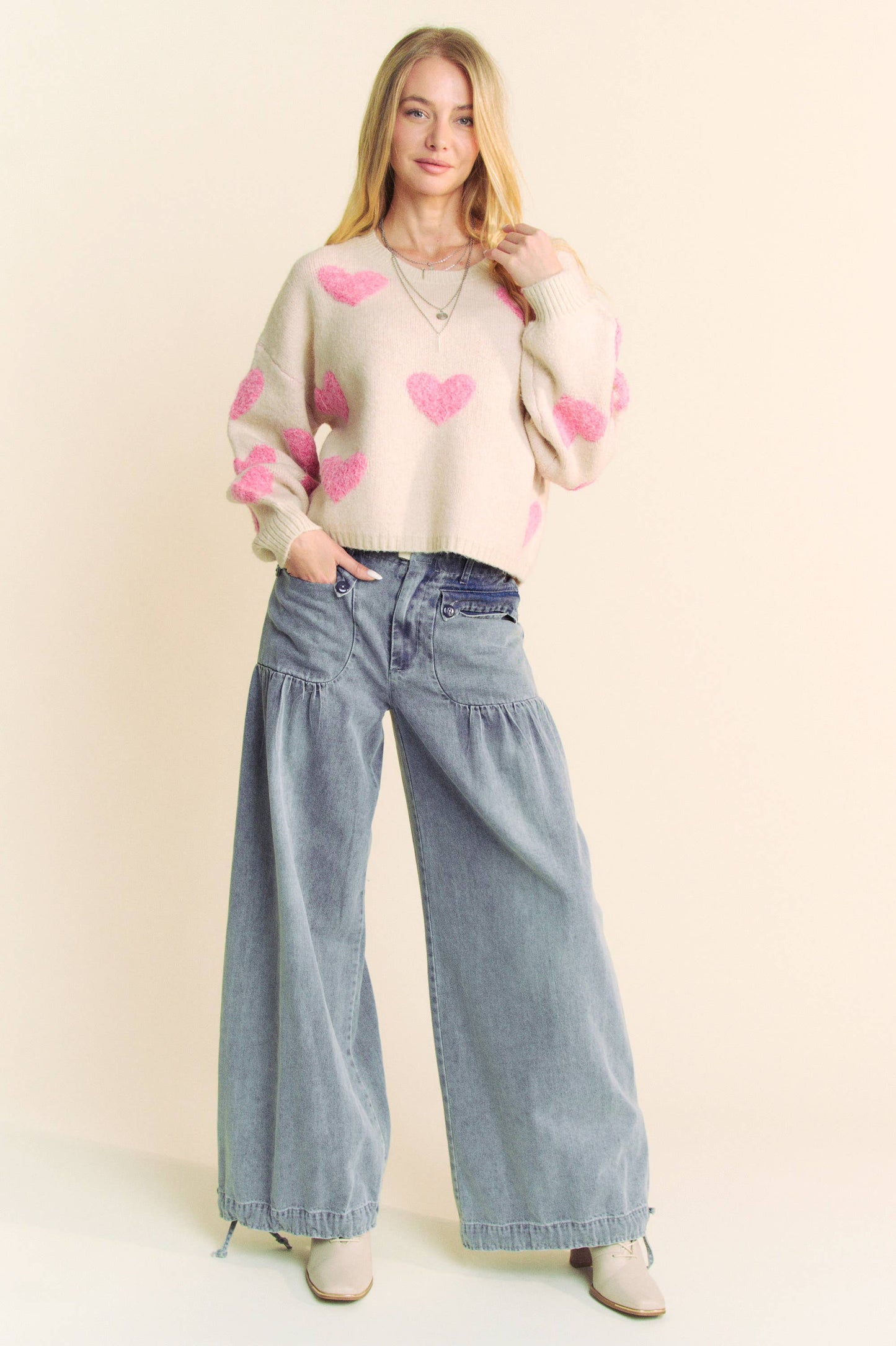 Davi & Dani Heart Pattern Long Sleeve Loose Fit Knit Sweater