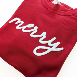 MERRY Crewneck Sweater with Puff Cursive : Red