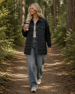Quilted Denim Shacket - Black