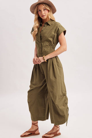 Button Down Utility Jumpsuit - Black & Olive