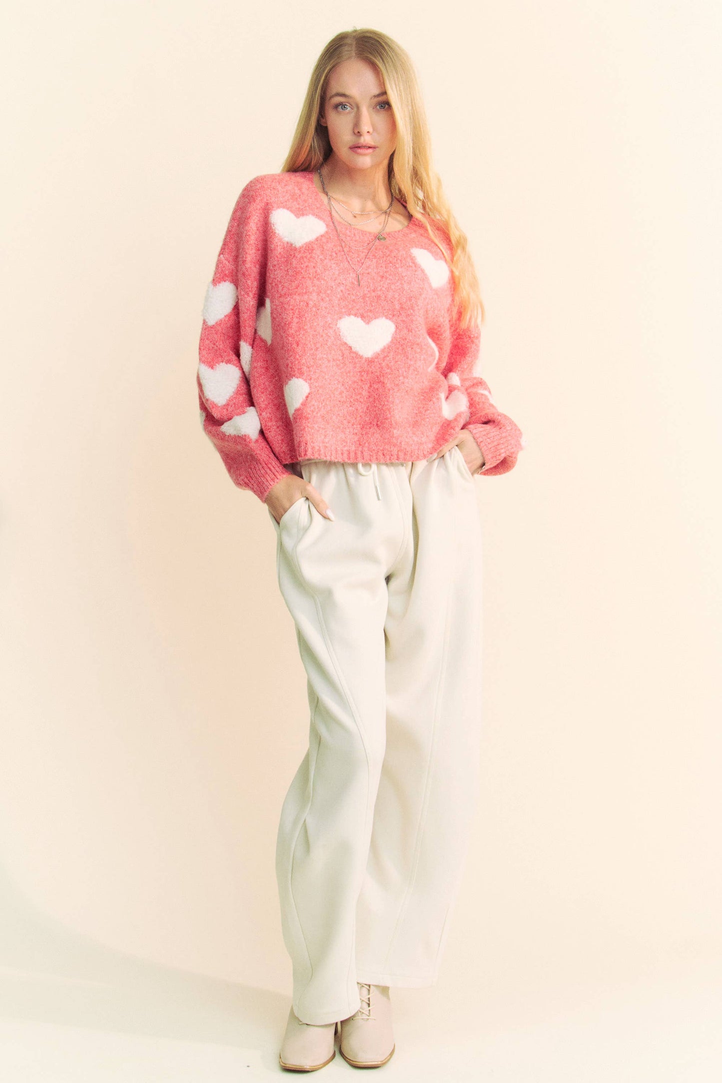 Davi & Dani Heart Pattern Long Sleeve Loose Fit Knit Sweater