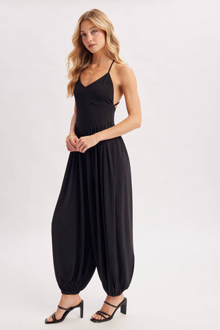V-Neck Open Back Relaxed Fit Jumpsuit - Black & Mocha