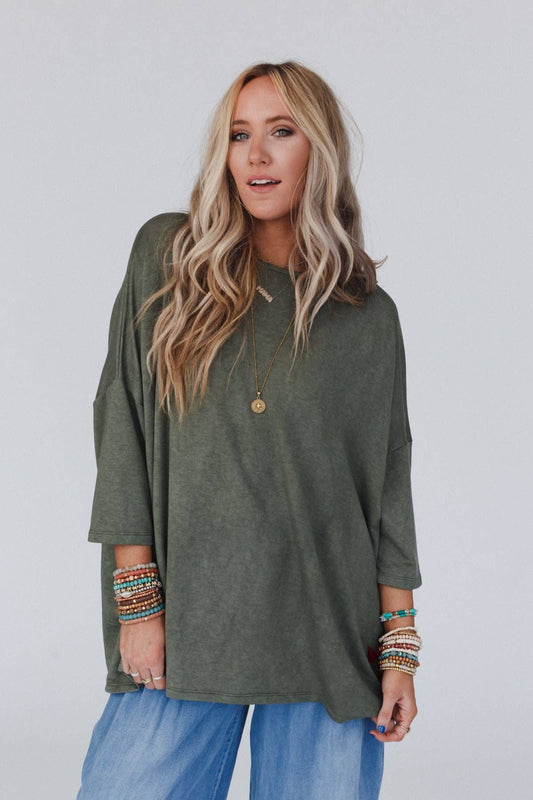 Three Bird Nest Sunday Stroll Oversized Tee - Olive