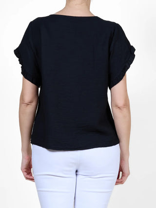Black Short Sleeve Top with Ruffled Sleeves I Angela Mara