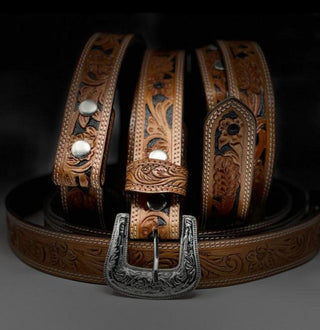 Embossed Leather Belt w/ Vintage Silver Buckle
