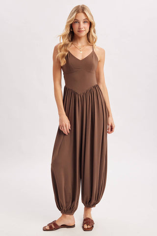 V-Neck Open Back Relaxed Fit Jumpsuit - Black & Mocha