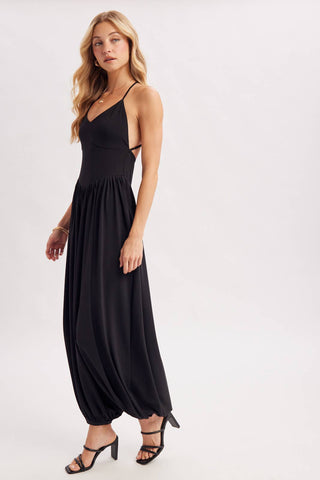 V-Neck Open Back Relaxed Fit Jumpsuit - Black & Mocha