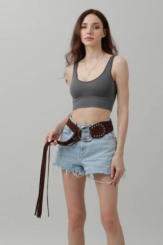 Boho Double Ring Fringe Belt - Black
