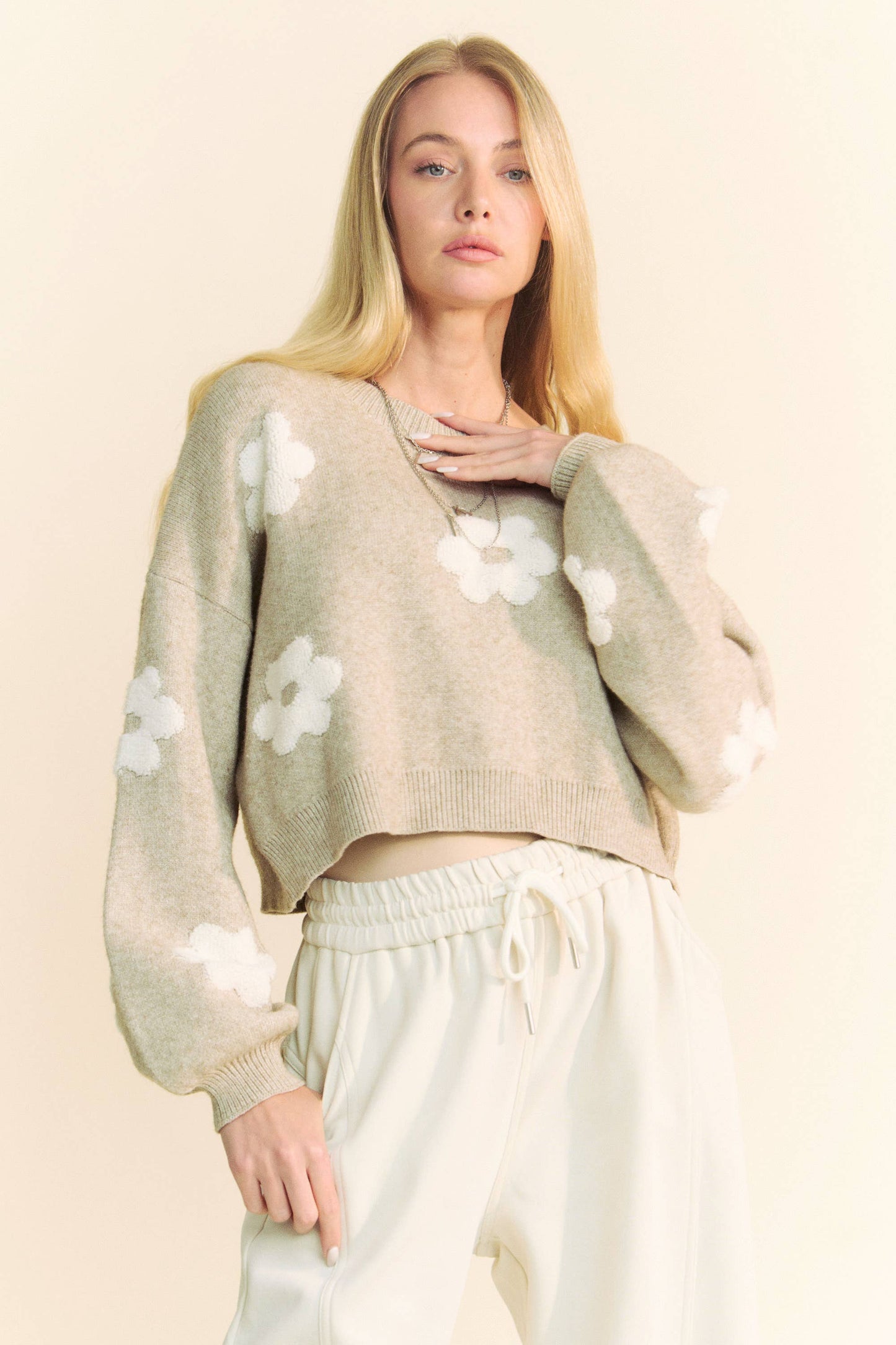 Davi & Dani Floral Printed Long Sleeve Loose Fit Knit Sweater: Taupe