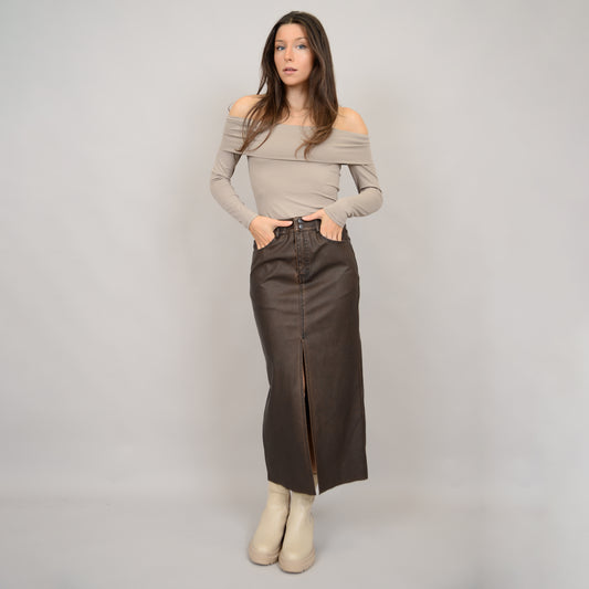 RD Style Distressed Faux Leather Skirt - Brown