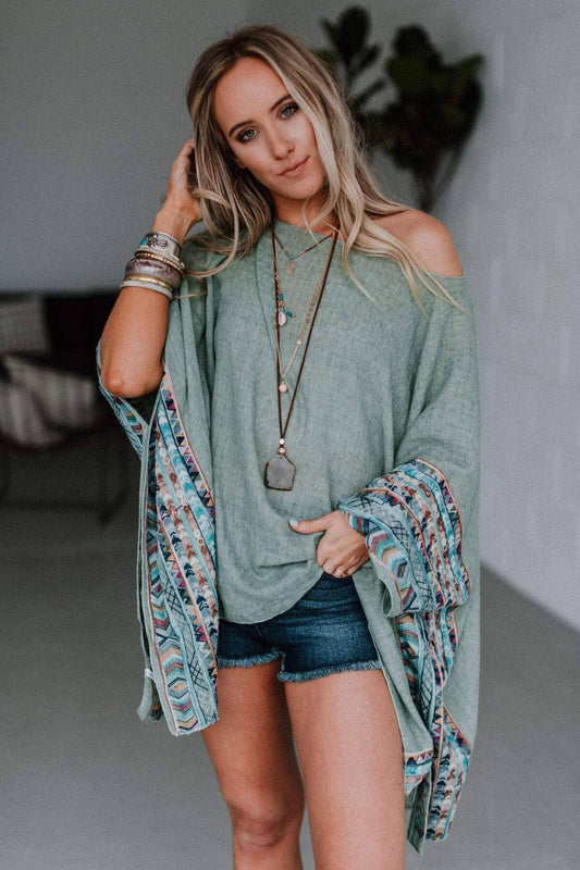 Three Bird Nest Fallon Embroidered Sleeve Poncho - Sage