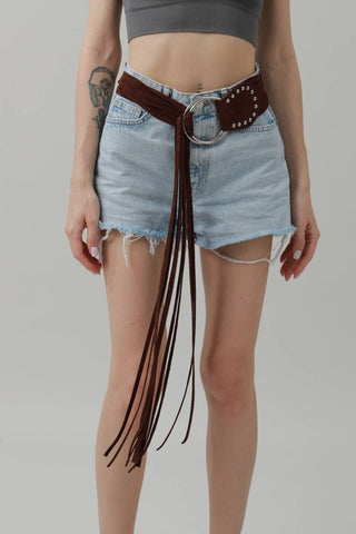 Boho Double Ring Fringe Belt - Black