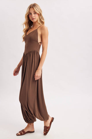 V-Neck Open Back Relaxed Fit Jumpsuit - Black & Mocha