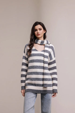 Grey/Milk Stripe Knit Sweater & Scarf I Mama's