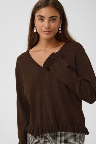 CUclare Annemarie Frill V-Neck Sweater | Coffee Bean Melange