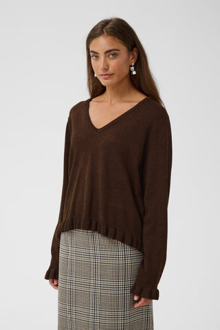 CUclare Annemarie Frill V-Neck Sweater | Coffee Bean Melange