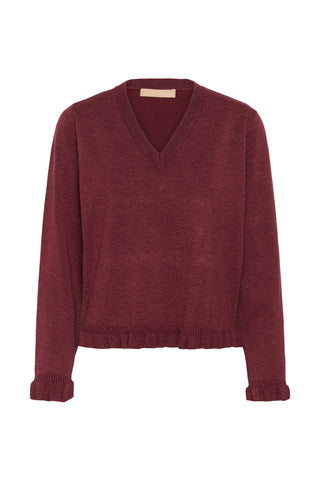 CUclare Annemarie Frill V-Neck Sweater | Chocolate Truffle Melange (Wine)
