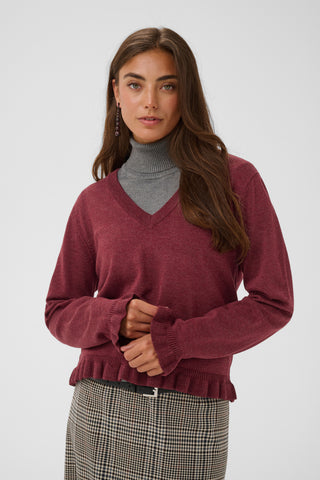 CUclare Annemarie Frill V-Neck Sweater | Chocolate Truffle Melange (Wine)