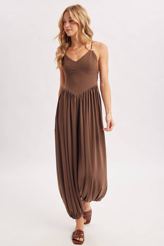 V-Neck Open Back Relaxed Fit Jumpsuit - Black & Mocha