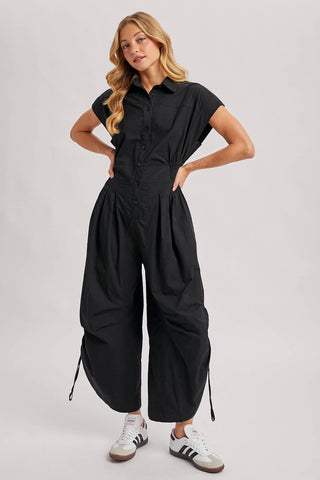 Button Down Utility Jumpsuit - Black & Olive