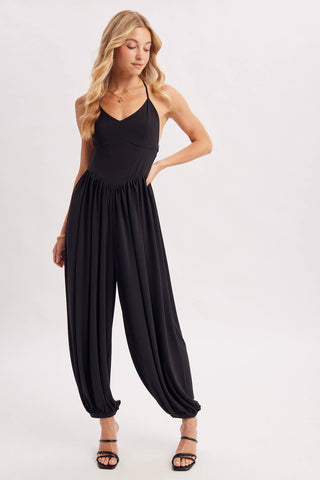 V-Neck Open Back Relaxed Fit Jumpsuit - Black & Mocha