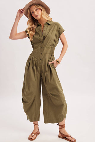 Button Down Utility Jumpsuit - Black & Olive