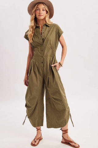 Button Down Utility Jumpsuit - Black & Olive