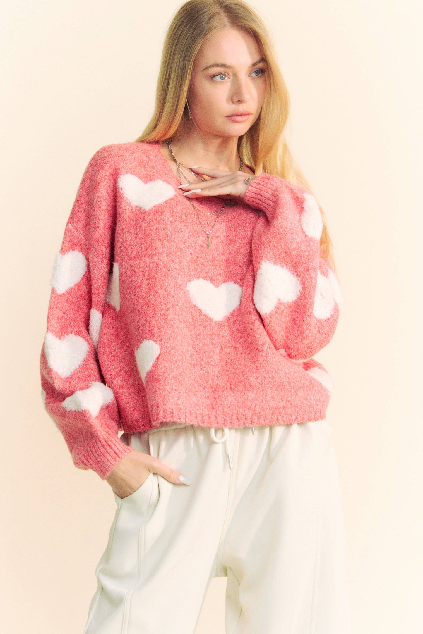 Davi & Dani Heart Pattern Long Sleeve Loose Fit Knit Sweater