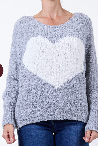 Grey Scoop Neck Big Heart Chenille sweater