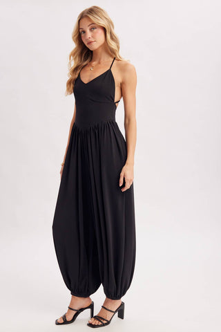 V-Neck Open Back Relaxed Fit Jumpsuit - Black & Mocha