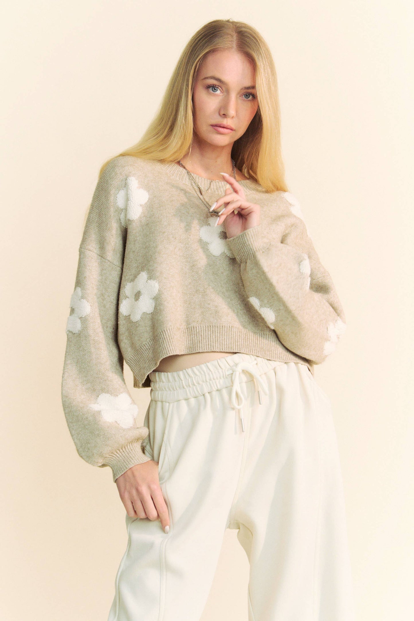 Davi & Dani Floral Printed Long Sleeve Loose Fit Knit Sweater: Taupe