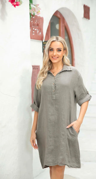 Linen Top w/ Roll Up Button Sleeve Beige I Orange Fashion Village