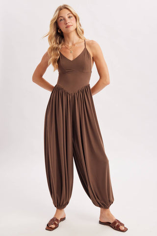 V-Neck Open Back Relaxed Fit Jumpsuit - Black & Mocha