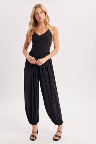 V-Neck Open Back Relaxed Fit Jumpsuit - Black & Mocha